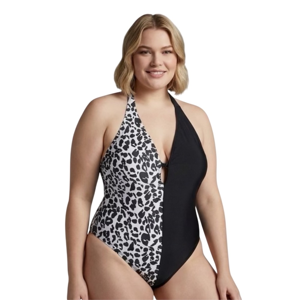Plus Size 3XL Colorblock Leopard Print Halter One Piece Swimsuit Black White‎